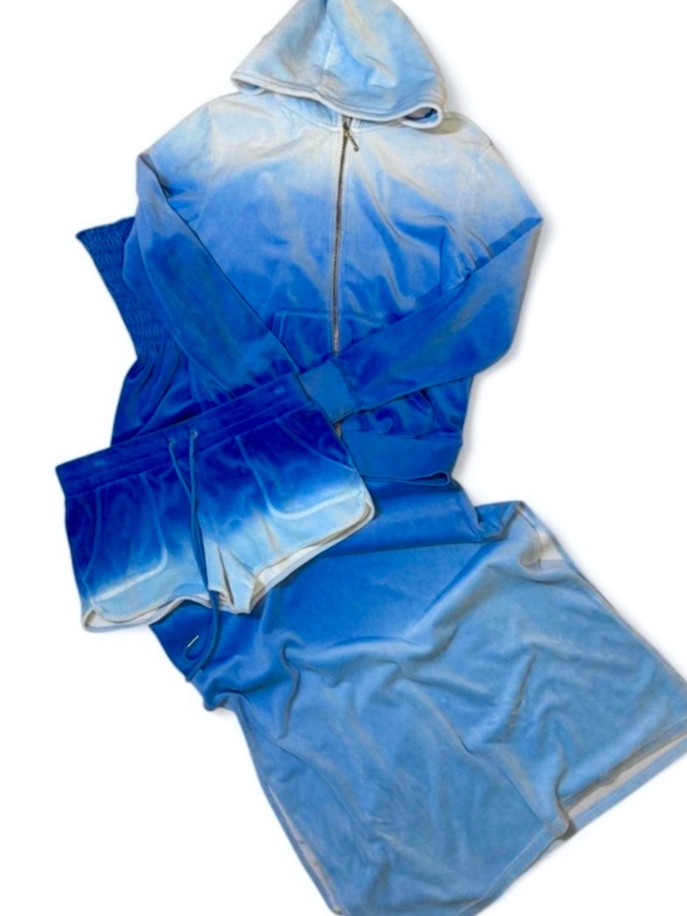 Y2K JUICY COUTURE Blue OMBRÉ VELOUR TRACKSUIT JACKET DRESS SHORTS